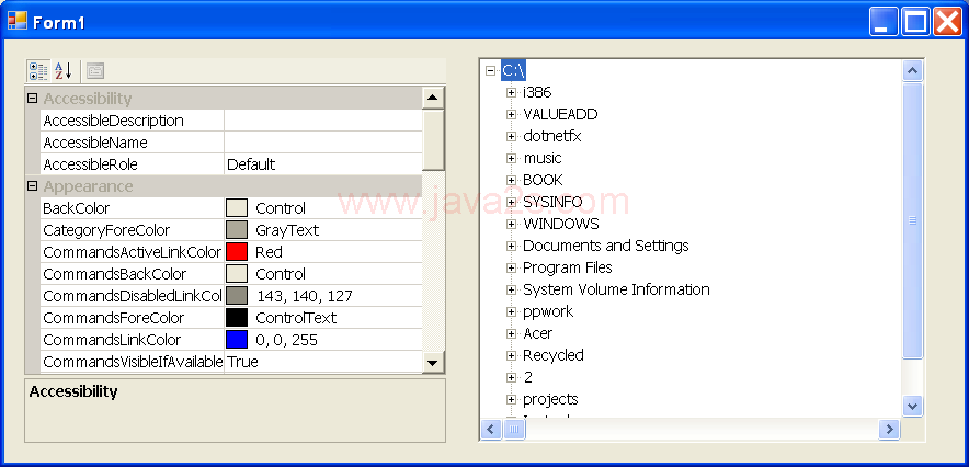 Directory tree and property grid