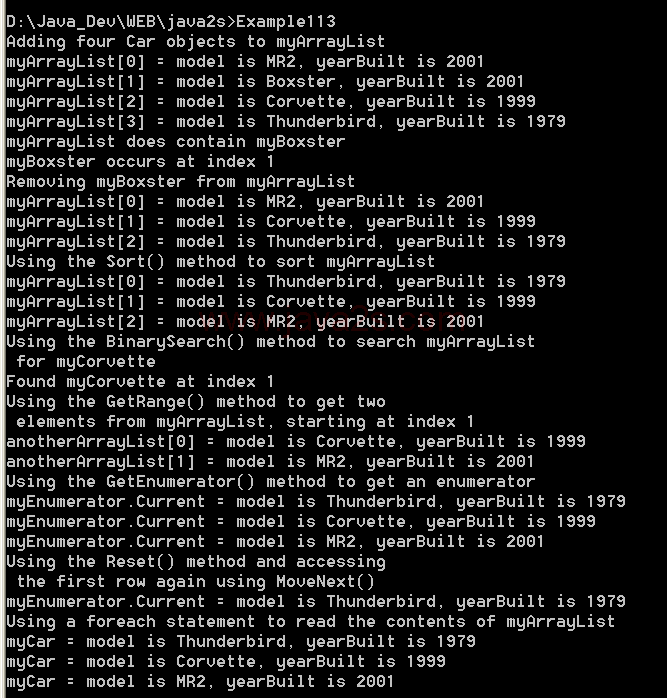 illustrates the use of an ArrayList that contains objects of the Car class