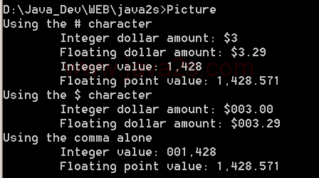 Uses the #, 0 and comma characters to format output