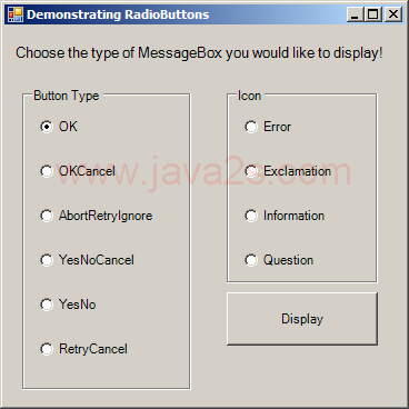 Using RadioButtons to set message window options