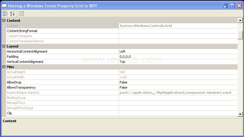 Add the PropertyGrid to the host, and the host to the WPF Grid
