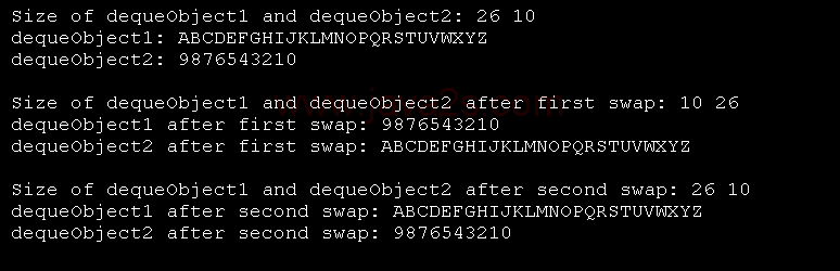 Demonstrate swap() for deque