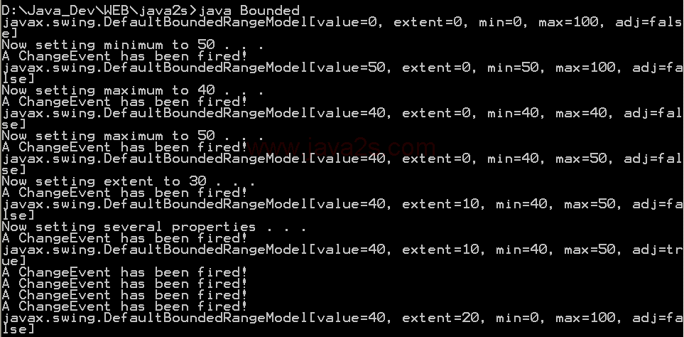 A demonstration of the ChangeEvents generated by the BoundedRangeModel