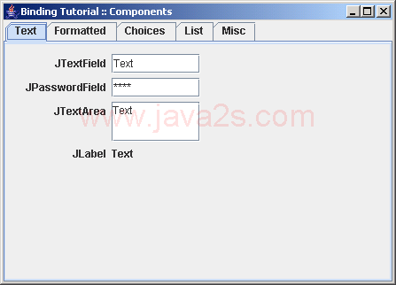 Demonstrates how to bind different value types to Swing components