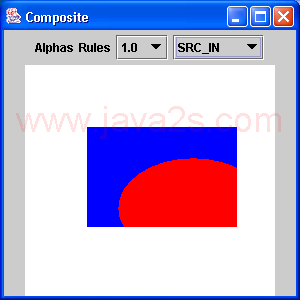 Renders an ellipse overlapping a rectangle with the compositing rule and alpha value selected by the user