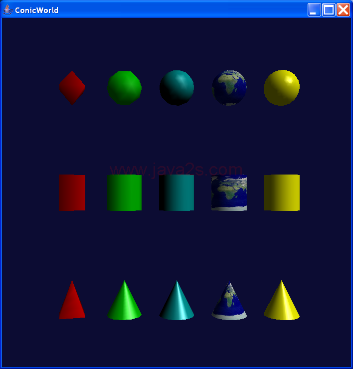 Spheres, cylinders, and cones of different resolutions and colors