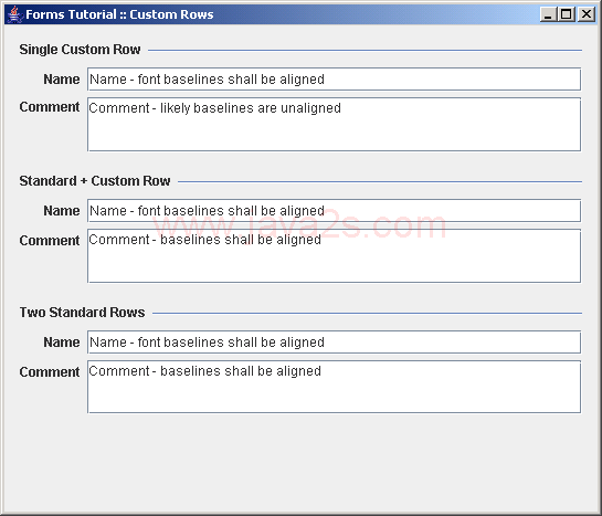 Shows three approaches how to add custom rows to a form that is built  using a DefaultFormBuilder
