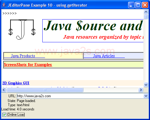JEditorPane Example 10 - using getIterator
