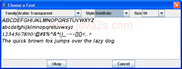 A dialog allow selection and a font and its associated info.