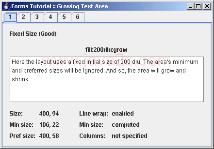 Demonstrates how a JTextArea's preferred size grows with the container  if no columns and rows are set