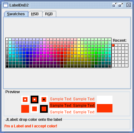 LabelDnD2 allows dropping color onto the foreground of the JLabel