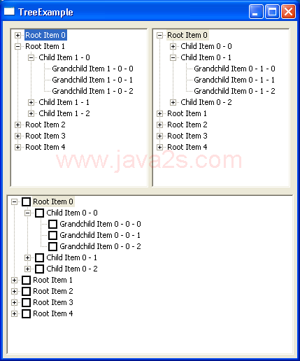 Displays a single-selection tree, a multi-selection tree, and a checkbox tree