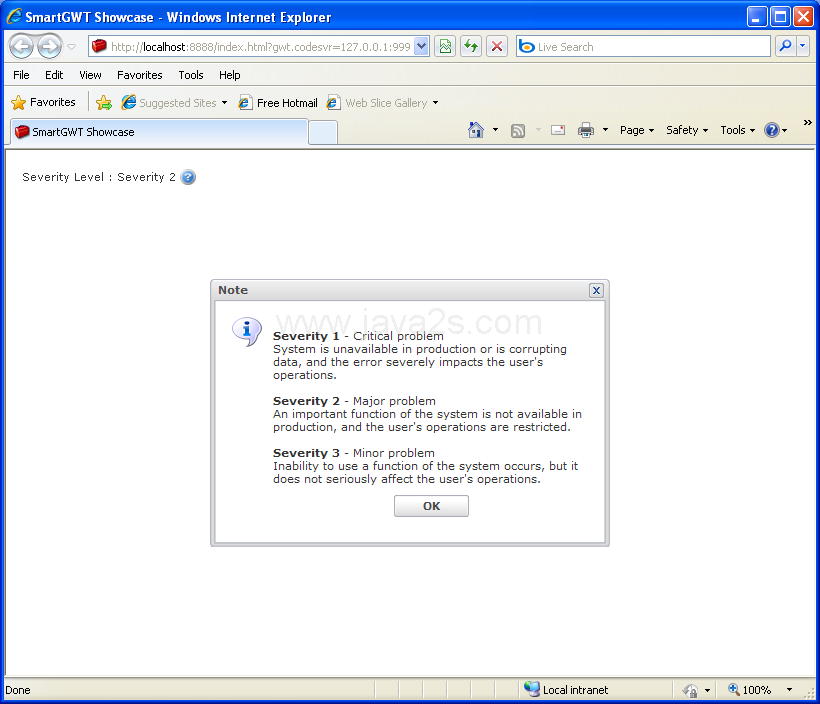 Click on the help icon to see a description for severity levels (Smart GWT)