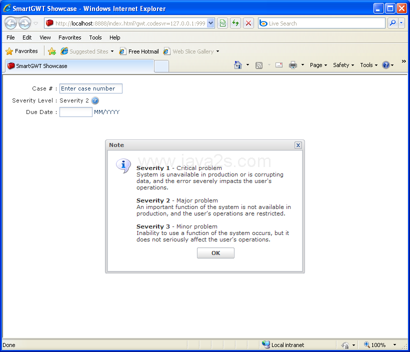 Hints provide guidance to the user filling out the form (Smart GWT)