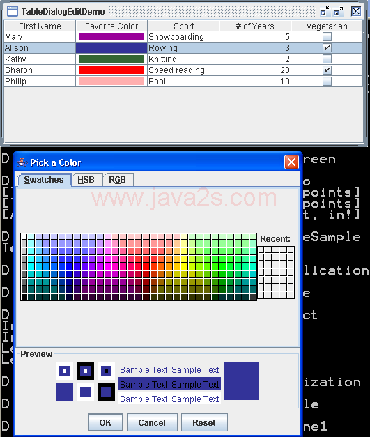 Table with a custom cell renderer and editor for the color data