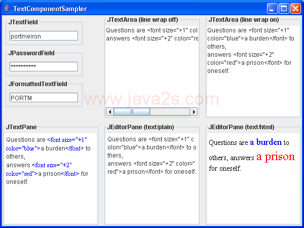An example of several text components including password fields and formatted fields.
