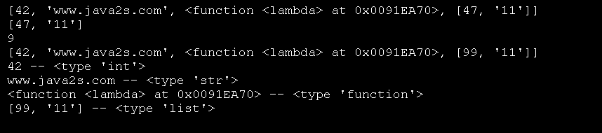 Int, string, function, and list as list element