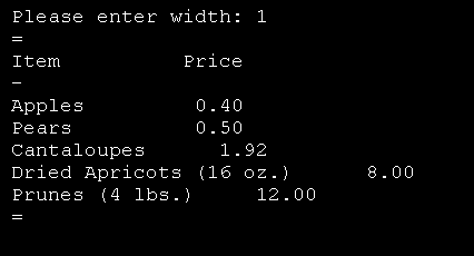 Print a formatted price list with a given width