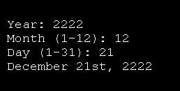 Print out a date, given year, month, and day as numbers