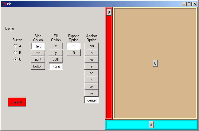 Several pack() options for controlling layouts within a frame: side, fill, expand, anchor