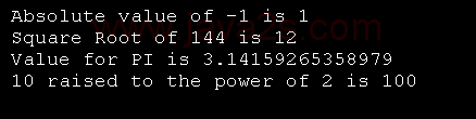 Math class: Square root, absolute value, Pi and Power