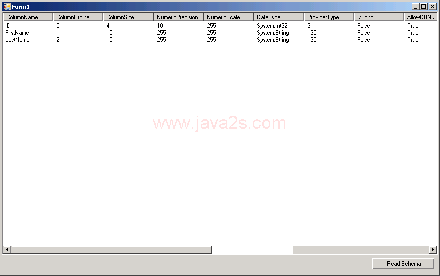 Use OleDb to get the data table schema