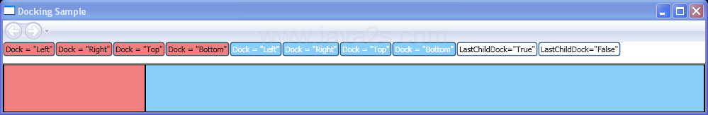 Show the effect of each value of the Dock property by manipulating two Rectangle elements.