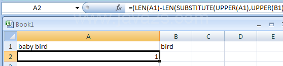 A case-insensitive comparison: Return the number of occurrences of a substring in B1 within a string in A1