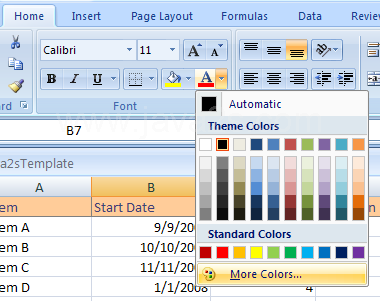 Click the Home tab. Click the Font Color button and then click More Colors.