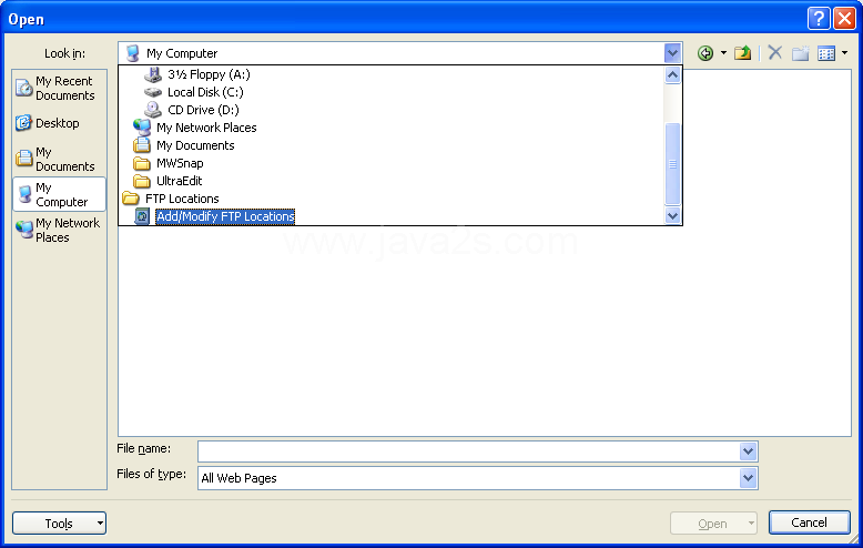 Click the Look in list arrow, and then click Add/Modify FTP Locations.
