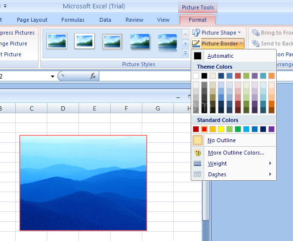 Click the picture. Click the Format tab under Picture Tools. Click the Picture Border button. Click a color