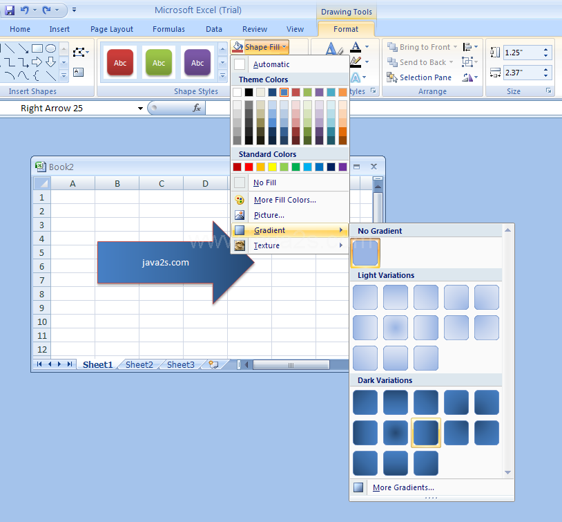 Select the shape. Click the Format tab under Drawing Tools. Click the Shape Fill button. Point to Gradient, and then select a gradient from the gallery.