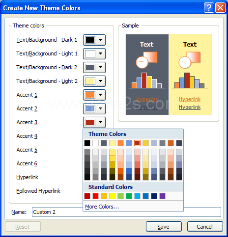 Click a new color to select a color from the Standard or Custom tab, and then click OK.