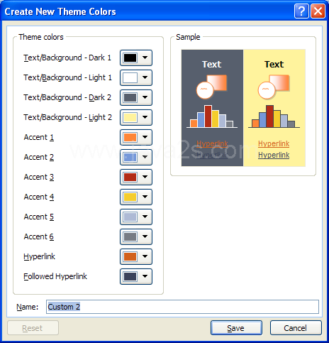 Click the Theme Colors buttons: Text/Background, Accent, or Hyperlink, ... to change colors.