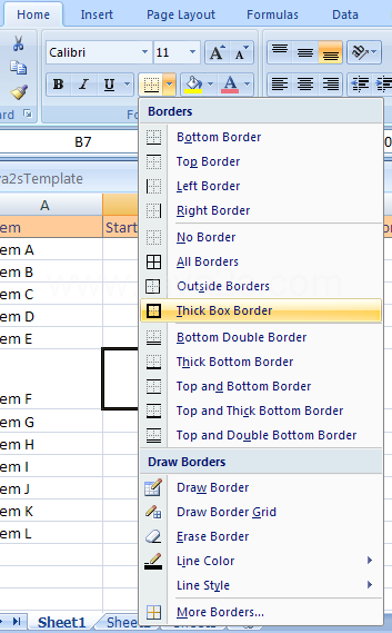 Select a border from the submenu.