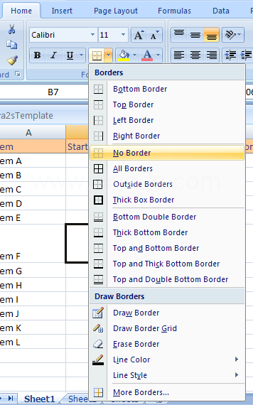To remove cell borders, click No Border.