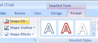 Select the shapes in the SmartArt graphic. Click the Format tab under SmartArt Tools. Click the Shape Fill button.