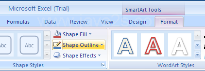 Select the shapes in the SmartArt graphic. Click the Format tab under SmartArt Tools. Click the Shape Outline button.