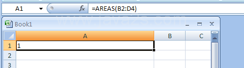 Input the formula: =AREAS(B2:D4)