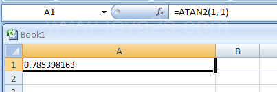 Input the formula: =ATAN2(1, 1)