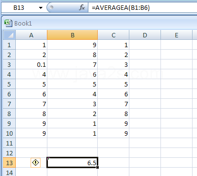 Input the formula: =AVERAGEA(B1:B6)