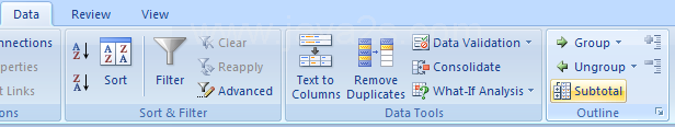 Click anywhere within the data to be subtotaled. Click the Data tab. Click the Subtotals button.