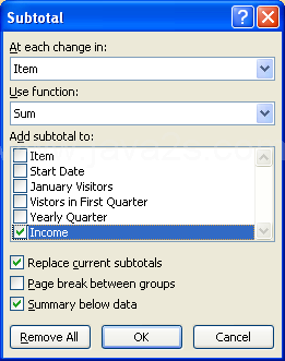 Select the appropriate check boxes to specify how the data is subtotaled. Click OK.