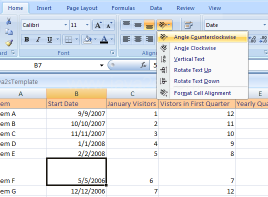 Click Orientation, and then click Angle Counterclockwise, Angle Clockwise, Vertical Text, Rotate Text Up, or Rotate Text Down to rotate cell contents.