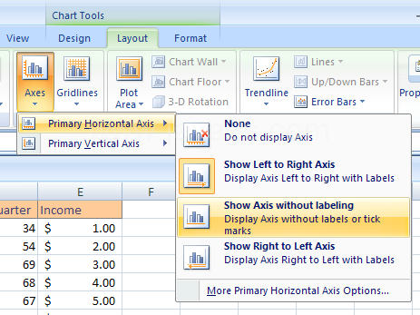 Point to Primary Horizontal Axis, and then click None, Show Left to Right Axis, Show Axis without labeling or Show Right to Left Axis