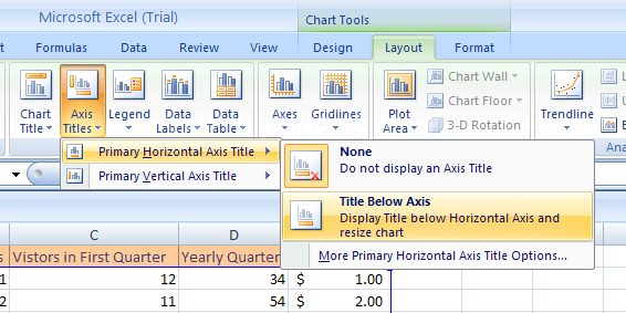 Point to Primary Horizontal Axis Title, and then click None to hide the axis title, or click Title Below Axis to display the title below the axis.