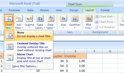 Select the chart. Click the Layout tab under Chart Tools. Click Chart Titles button. Then click None to hide the chart title.