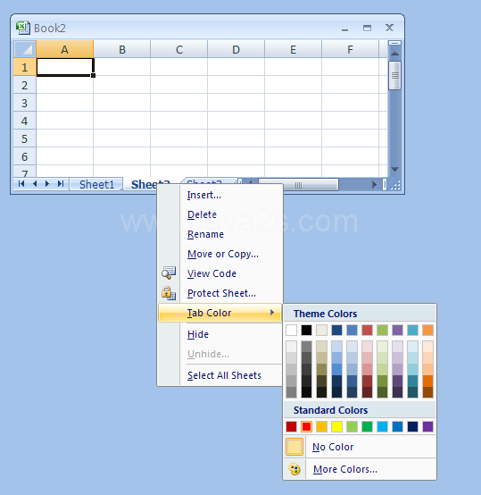 Right-clicking the sheet tab of the worksheet. Point to Tab Color