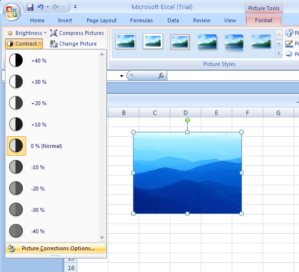 Click Picture Corrections Options to set other specific contrast percentages.