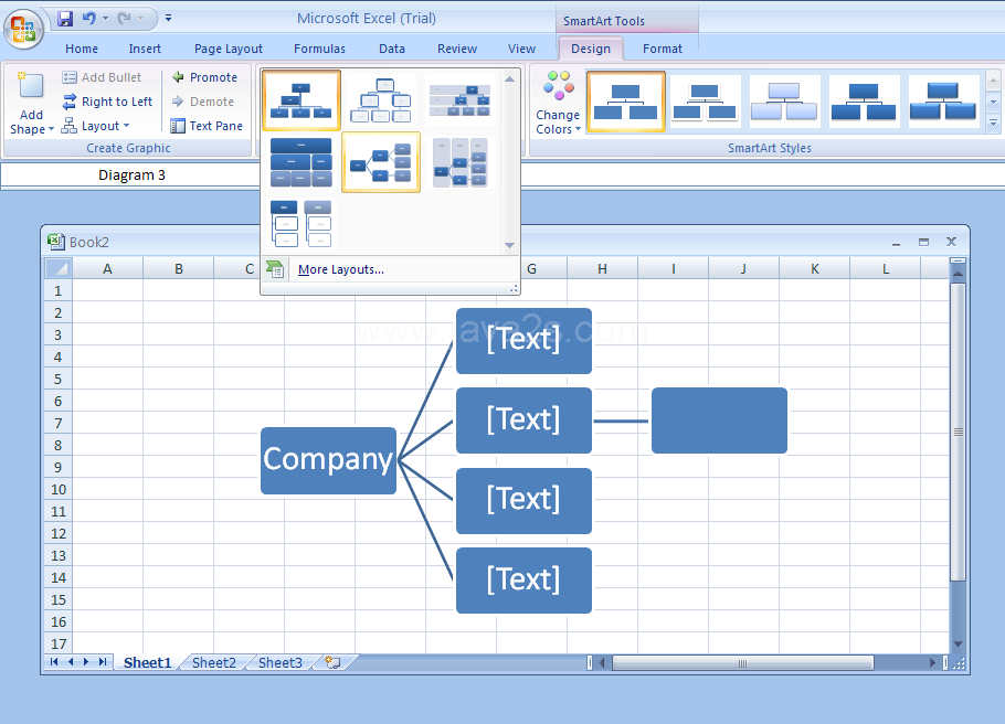 Point to a layout. A live preview of the layout appears in the current shape. Click the layout for the SmartArt graphic from the gallery.